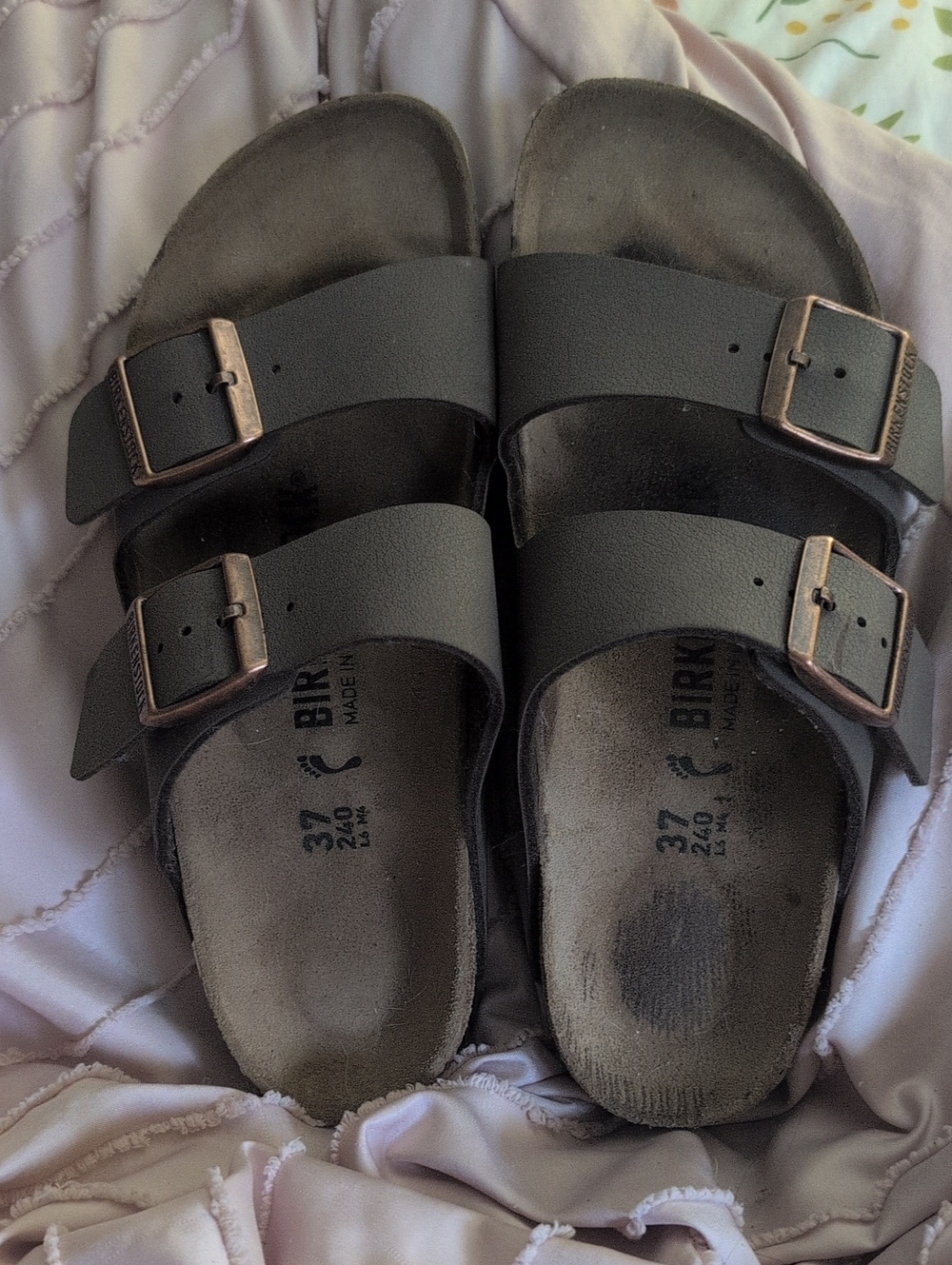 Birkenstock Arizona Double Strap Sandals in Taupe with Gold Buckles